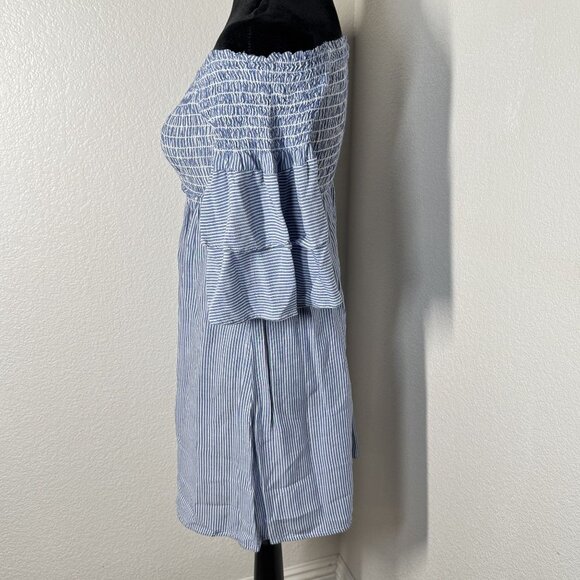 Off-Shoulder Striped Smocked Dress With Flared Sleeves Medium By Willow USA 100% - Picture 2 of 5